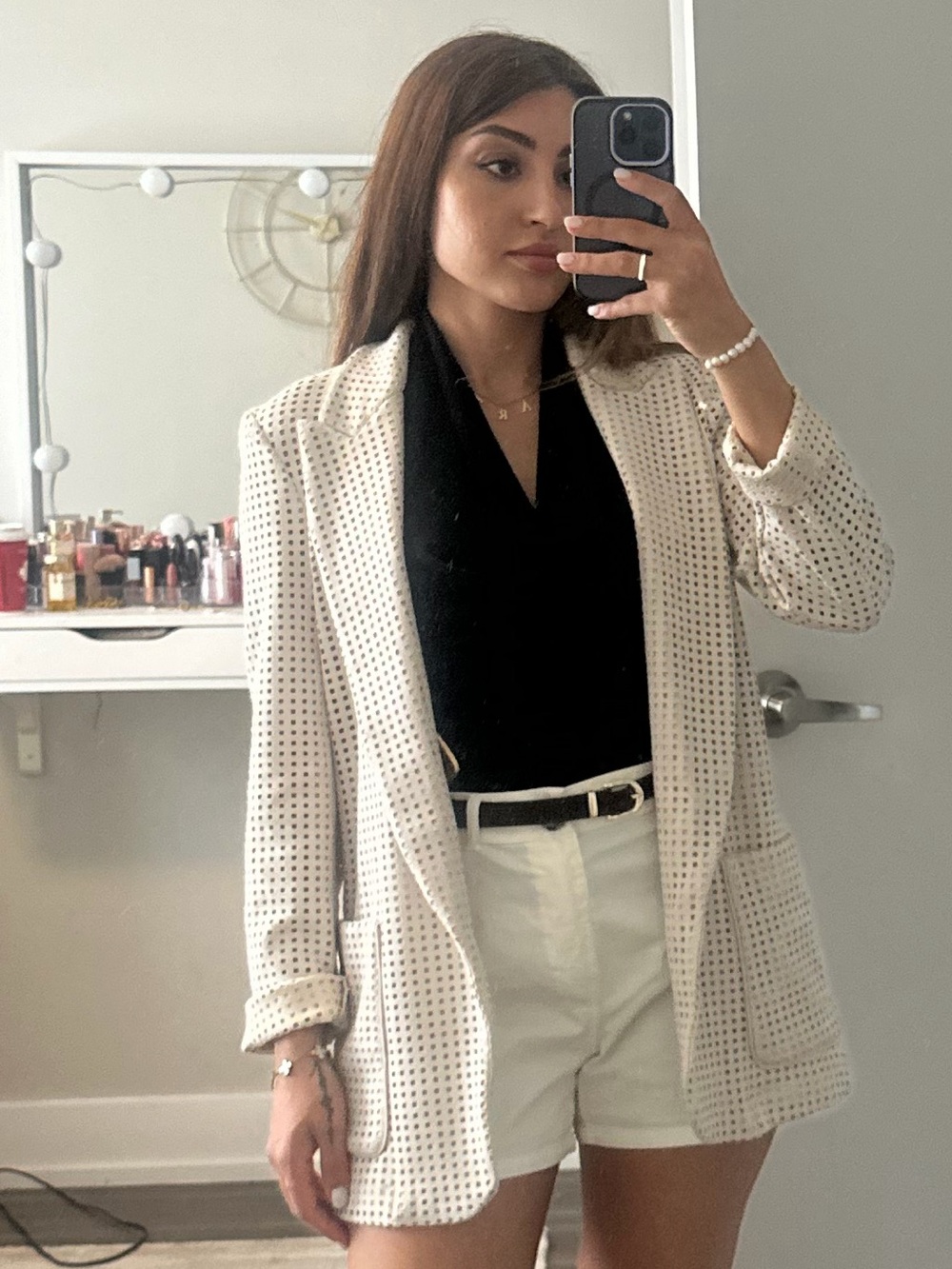 Zara Cream Open-Front Perforated Blazer